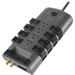 12-Outlet Pivot-Plug Surge Protector with Phone/Coax Protection 8' Cord- Black/Gray