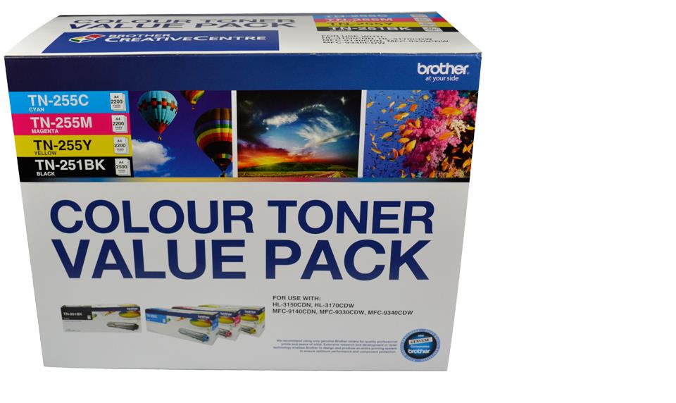 Brother  TN-251BK and TN255 Colour Laser Toner Value Pack. Black, Cyan, Magenta, Yellow (8AE00003)