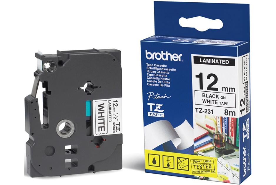 Brother 12mm Blk on White Tape - Laminated Tape