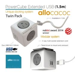 Allocacoc PowerCube Extended USB Grey 4 Outlets 2 USB 1.5M with Cable (Twin Pack)