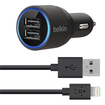 Belkin F8J071BT04-BLK2-Port Car Charger with Lightning to USB Cable (4')