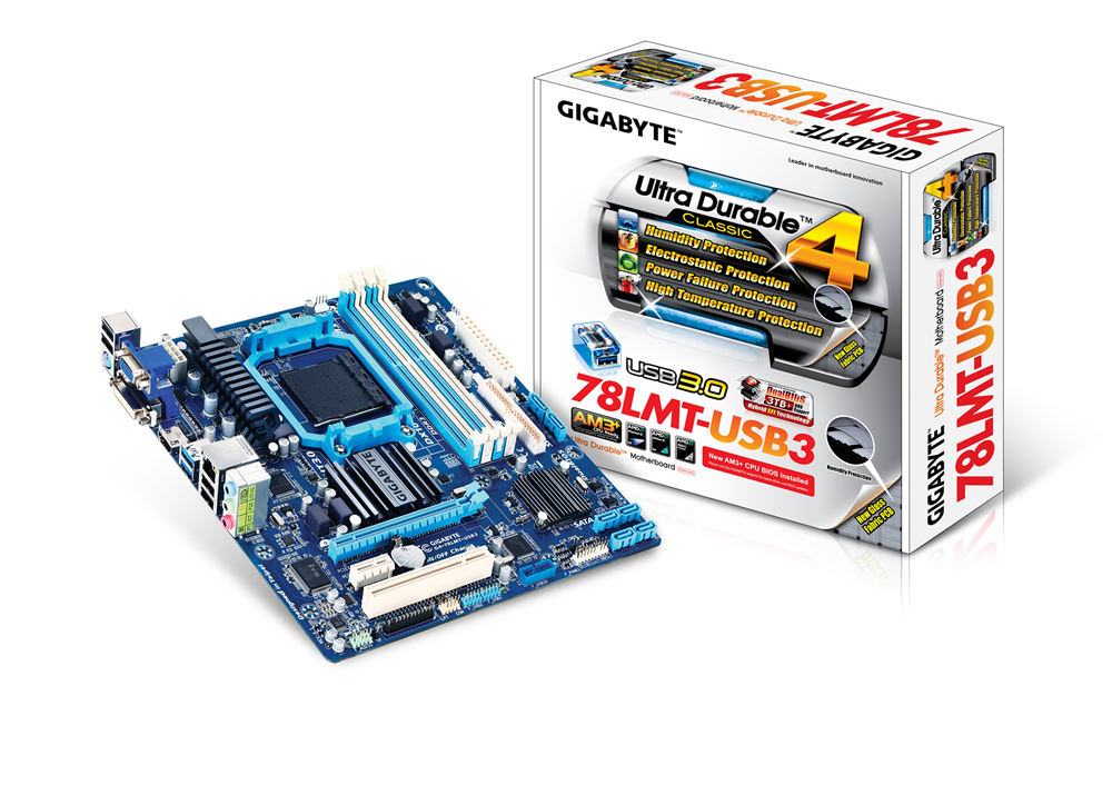 Gigabyte GA-78LMT-USB3 R2  mATX MB AM3+ 4xDDR3 VGA DVI HDMI GbE LAN 2xPCIe 1xPCI 6xSATA3 RAID 4xUSB3.1 8xUSB2 ~GA-970A-D3P