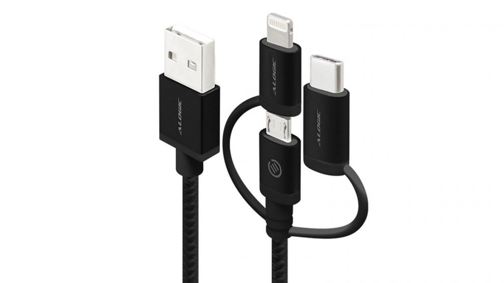 Alogic Prime 1m 3-in-1 Charge & Sync Lightning Cable - Black