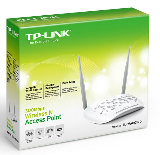 TP-Link TL-WA801ND N300 Wireless N Access Point 2.4GHz (300Mbps) 1x100Mbps LAN 802.11bgn 2*5dBi Detachable Omni Directional Passive PoE WPS button