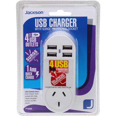 JACKSON Mains Surge Protector with 4 x USB Charging Ports