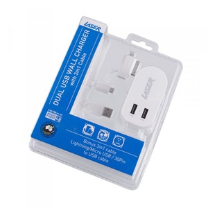 AC Wall Charger Twin USB   2 x 2.4A Output with 3 in 1 Cable WHITE