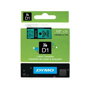 DYMO D1 (SD45019/S0720590) Label Cassette, 12mm x 7m - Black on Green