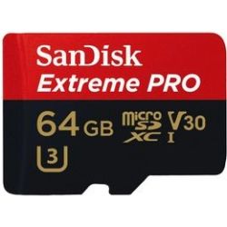 SanDisk 64GB ExtremePro microSDXC, V30, U3, C10, A2, UHS-I, 170MB/sR, 90MB/sW, 4x6, SDadaptor, Lifetime Limited