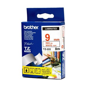 Brother TZ-222 Laminated Red Printing on White Tape (9mm Width 8 Metres in Length)