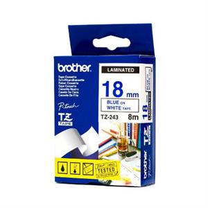 Brother TZ-243 Laminated Blue Printing on White Tape (18mm Width 8 Metres in Length)