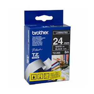 Brother TZ-355 Laminated White Printing on Black Tape (24mm Width 8 Metres in Length)