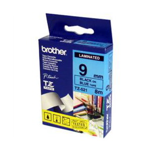 Brother TZ-521 Laminated Black Printing on Blue Tape (9mm Width 8 Metres in Length)
