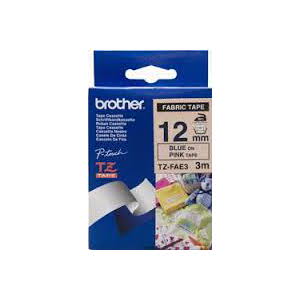 Brother TZ-FAE3 Fabric Iron on Tape Blue Printing on Pink Tape (12mm Width 3 Metres in Length)