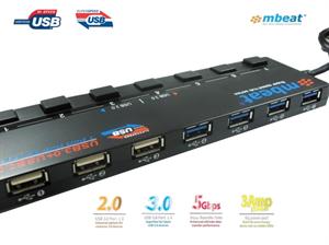 mbeat 4-Port USB 3.0 plus 3-Port USB 2.0 with Switches and Power Adapter USB Hub