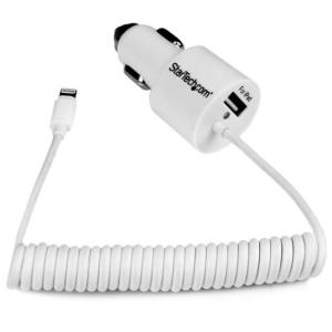 StarTech Dual-Port Car Charger - USB with Built-in Lightning Cable - White